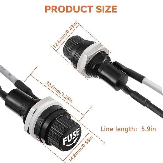 5 Pack Panel Mounted Fuse Holder 5x20mm Screw Cap Fuse Holder 250V AC 10A 125V AC 15A 12V DC Fuse Holder with Pre-Soldered Wires and 10A/15A Fast Blow Glass Fuse kit(5 * 20mm)