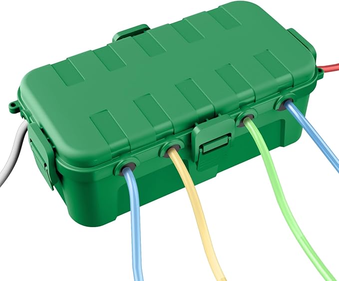 QUOBAS Outdoor Waterproof Electrical Box with 6 Cable Ports, IP54 Weatherproof Heavy-Duty Extension Cord Cover for Power Strips, Garden Power Tools, Holiday Lights, Green
