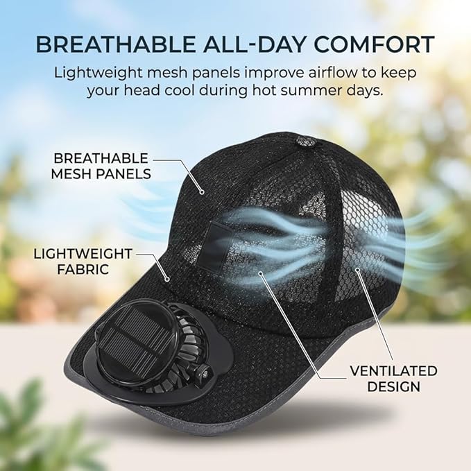 Solar Rechargeable Peak Cap USB Breathable Sport Fan Hat with Cooling Fan, Outdoor Running Hiking Fishing