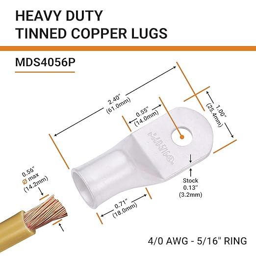SELTERM 10pcs 4/0 AWG-5/16" Stud Tinned Copper Wire Lugs, Heavy Duty Battery Cable Ends,0000 Gauge Ring Terminals, UL Battery Lugs Marine Grade Copper Eyelets Electrical Battery Terminal Connectors