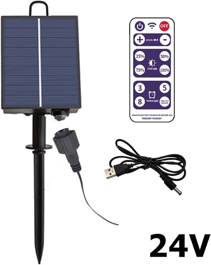 Delaman Solar Battery Box for LED String Lights, Outdoor String Lights Control Panel with DC Charging 8 Remote Control Modes (24V)