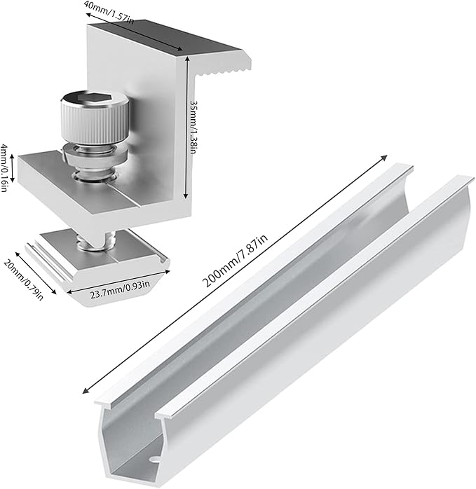 Solar Panel Mounting Rail Aluminium Solar Rooftop Rail Connector Solar Bracket Solar Roof Mount Kit for Metal Roof, Tin Roof, Flat Roof, Sheet Roof (4 x 200mm Rail + 4 x 35mm Clamp)