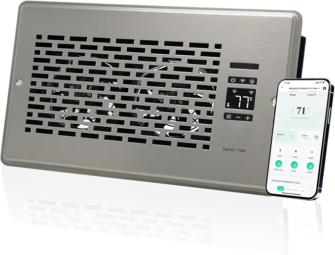 Register Booster Fan for 6" x 10" Register Holes, Quiet Vent Fan Booster with Intelligent Thermostat, Improves Heating Cooling, App Control, 10-Speeds, Manhattan Smart Register Vent, SN