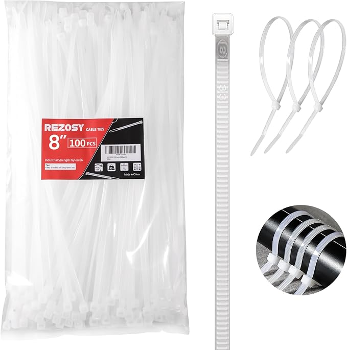 White Zip Ties 8 Inch 100 Pack Clear Tensile Strength 40 lbs UV Resistant Industrial Cable Ties Self Locking Zipties Wire Ties Wrap Indoor Outdoor Use for Fence Garage Camping