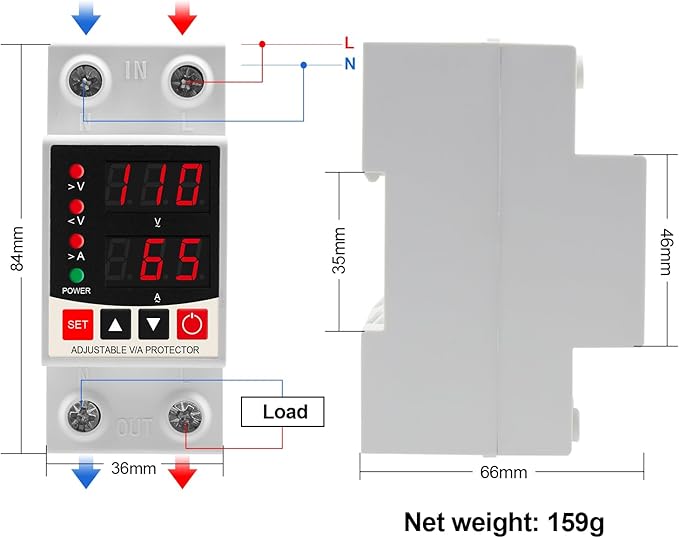 Adjustable V/A Protector Over/Under Voltage & Overcurrent Protection Intelligent Relay Reset Protector Voltage Output Stabilizer for Home Office Appliance, AC110V DC85-300V 63A, Din Rail Mount