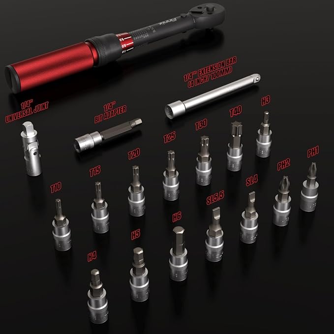1/4 Inch Drive Click Torque Wrench, 18 PCS Bike Torque Wrench Set Double Scale (10-150lb.in/1.1-17.0Nm/), High Precision with Bit Sockets, Universal Joint, Extension Bar, for Bicycle Maintenance