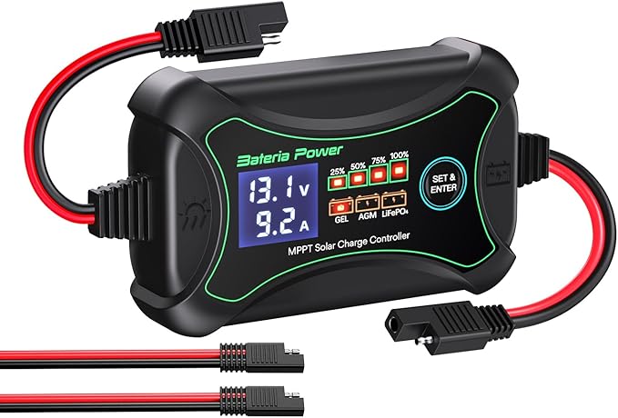 10Amp 12 Volt MPPT Solar Charge Controller, Bateria Power Intelligent Portable Solar Panel Controller, Max PV 150W 30Voc Solar Regulator for Gel AGM Lead-Acid, Lithium LiFePO4 Battery (SunRock 10)