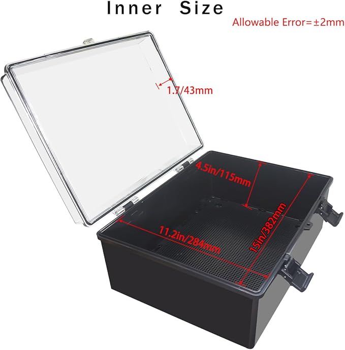Junction Box, Hinged Black Clear Cover IP67 Waterproof ABS Project Box with Mounting Plate Electrical Box Enclosure with Wall Bracket 15.7 x 11.8 x 6.7inch(400x300x170mm)