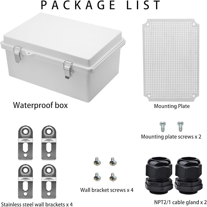 Waterproof Electrical Box,IP67 Junction Box Hinged Grey Cover ABS Project Boxes for Electronics DIY Enclosure with Mounting Plate Wall Bracket and 2 Cable Glands 13.8" x 9.8" x 5.9"