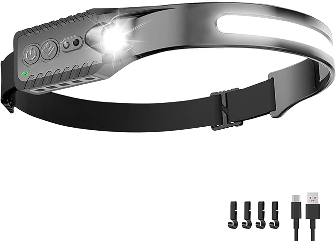 Rechargeable LED Headlamp (Gray), 400 Lumens, 230° Wide Beam, USB-C, 5 Modes — Lightweight, Adjustable Headband; Hard Hat Clips for Camping, Hiking, Running & Repairs