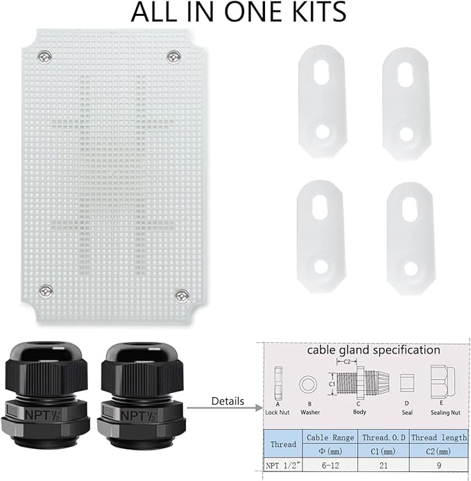 Junction Box, Hinged Clear Cover IP67 Waterproof ABS Project Box with 2 NPT 1/2" Cable Gland, Electrical Box Enclosure with Mounting Plate & Wall Bracket 11.4 x 7.5 x 5.5inch(290x190x140mm)