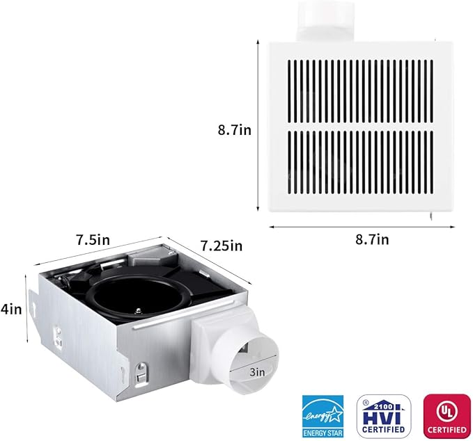 Bathroom Exhaust Fan, 50 CFM,1.0 Sone DC Motor,Quiet Bathroom Fan with No Attic access Needed Installation, Ceiling Mounted,Energy Star Certified Ventilation Fan, 3inch Duct,White