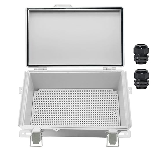 Zulkit Junction Box,IP67 Waterproof Electrical Box Hinged Cover Stainless Steel Buckle Plastic Enclosure for Project w Mounting Plate Wall Bracket and 2 Cable Gland Grey 10.2 x 6.3 x 3.9 Inch