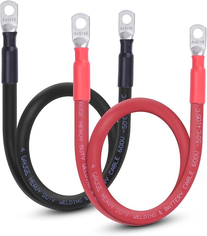 4 AWG Flexible Battery Cable with 5/16" Terminals - OFC Pure Copper Inverter & Welding Wire for Automotive Solar RV Motorcycle (Red + Black 2FT Pair)