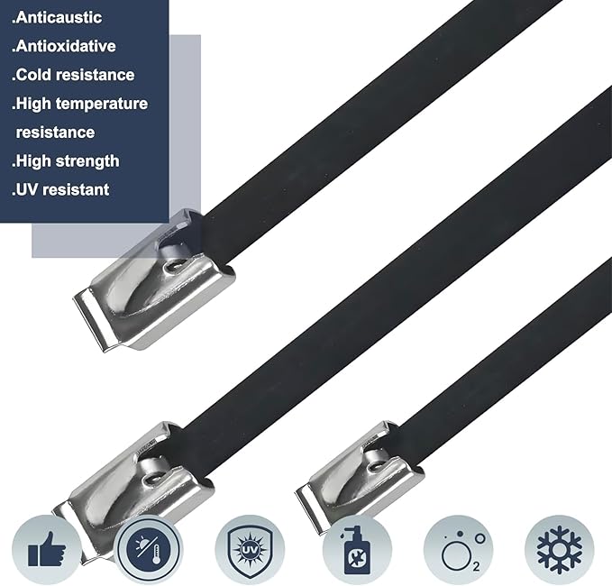 100PCS 11.8" Black Epoxy Coated Metal Zip Ties, Heavy Duty Self-Locking Stainless Steel, Corrosion Resistant for Harsh Environments, Ideal for Machinery, Vehicles, Farm, Cable & Pipe Binding