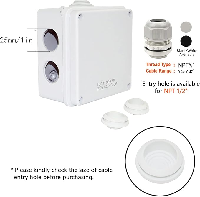 LeMotech ABS Plastic Dustproof Waterproof IP65 Junction Box Universal Electrical Project Enclosure White, Outer Size 3.9 x 3.9 x 2.8 inch (100 x 100 x 70 mm)