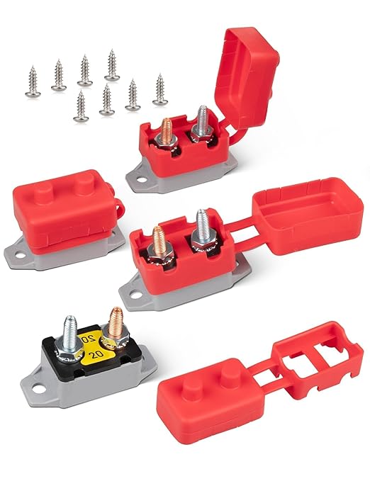 RED WOLF 20Amp Automatic Reset Circuit Breaker with Cover, DC 12V-24V Nylon Insulated & Anti-Rust Stud Type for Automotive Truck Camper RVs Solar Battery Chargers 4pcs