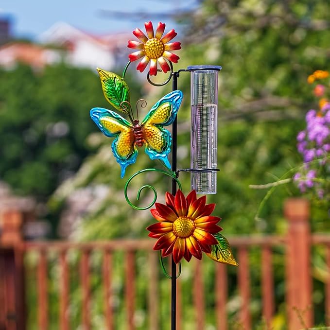 Rain Gauge Outdoor, Butterfly Rain Gauge with 7 Inch Tube, Metal Rain Measure Tool, Decorative Rain Measure Gauge for Outdoor, Garden Decor