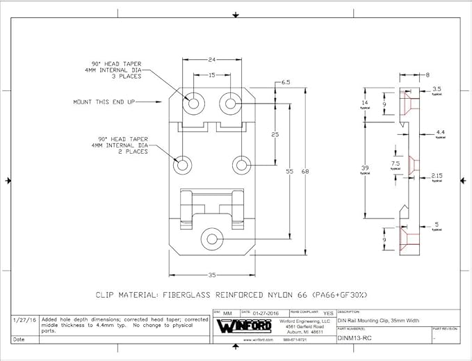Winford Engineering DIN Rail Mounting Brackets, 35mm x 68mm, Black, RoHS Compliant, 10-Pack