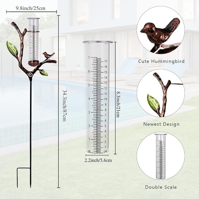 Rain Gauge Outdoor, Metal Rain Gauge with Stake, 7 Inch Tube Rain Measure Gauge, Decorative Branch Rain Measure Tool for Garden, Lawn, Patio