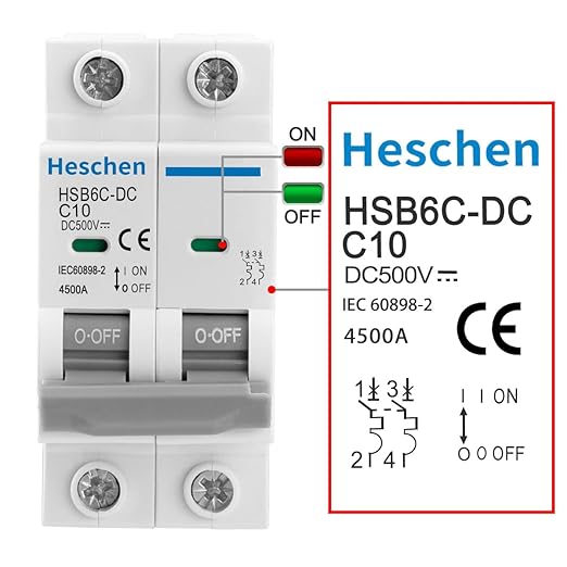 Heschen 2PCS DC Miniature Circuit Breaker, HSB6C-DC, 2 Poles, DC500V 10A, Photovoltaic Circuit Breaker, for Solar PV System Solar Panels Grid System, 35mm DIN Rail Mounting (10A)