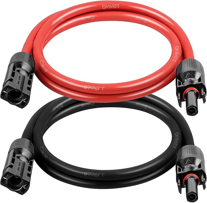 10AWG Solar Extension Cable 2FT – 2 Pack Red & Black PV Wire with Solar Connectors, 84-Strand Tinned Copper, Dual XLPE Insulated, Outdoor UV-Resistant Cable for RV, Inverter, Battery