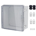 IP67 Waterproof Junction Box, ABS Plastic Electrical Enclosure with Stainless Steel Latch, Hinged Cover Electric Box with Mounting Plate, Wall Brackets & Cable Glands 210x210x100