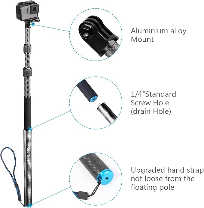 Smatree Carbon Fiber Detachable Extendable Floating Pole Selfie Stick Compatible for GoPro Hero 13/12/11/10/9/8/7/6/5/4/3 Plus/3/Session/GoPro MAX/AKASO EK7000,DJI OSMO Action 5 Pro /4/3/2 Camera