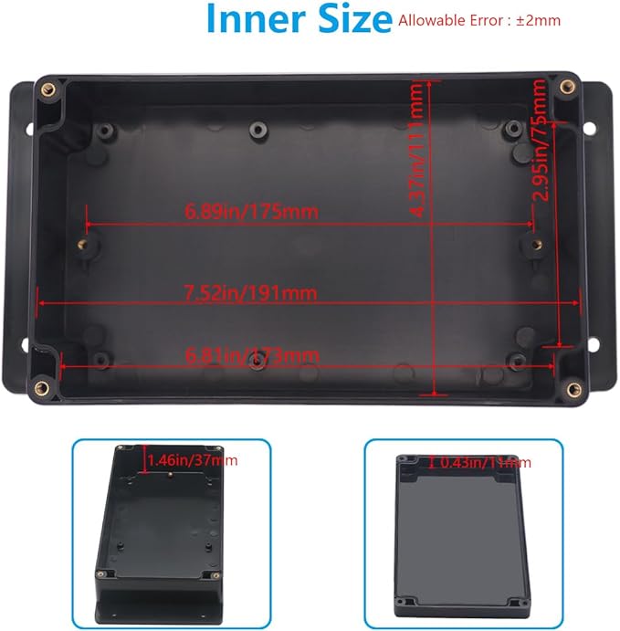 Project Box ABS Black Electrical Boxes IP67 Outdoor Waterproof Junction Box Electronic with Mounting Ears Includes Cable Glands for DIY Project 7.9 x 4.7 x 2.2 inch (200x120x56mm)