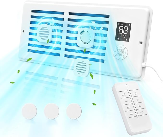 Register Booster Fan for 4" x 12" Vents Only,10 Speeds to Control Cool & Warm Airflow, Air Conditioning Vents with LED Screen Remote & Thermostat Control, for Room Walls & Floors (White)