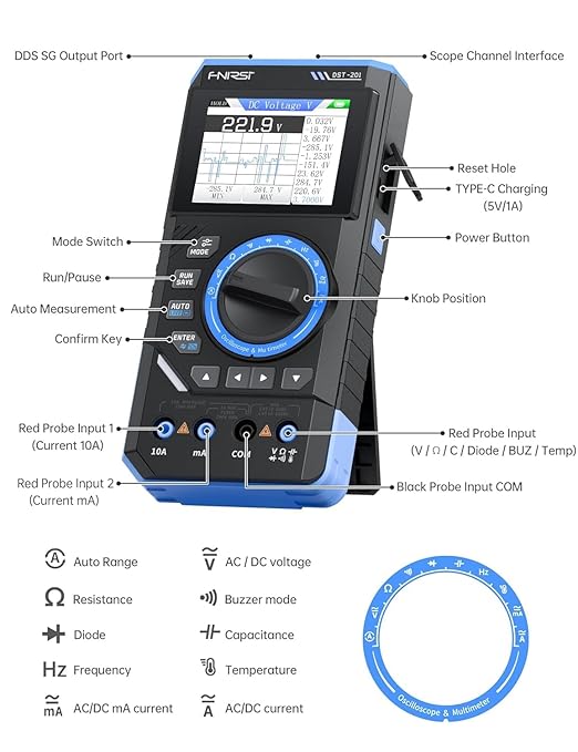 FNIRSI DST-201 3IN1 Digital Multimeter 19999 Counts TRMS, 1MHz Bandwidth Handheld Oscilloscope Multimeter DDS Generator, 5MSa/s Sample Rate, AC/DC Voltage Current Capacitor Resistor Diode Temperature