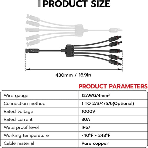 1 Pair Solar Connectors Y Branch,1 to 5 Solar Parallel Connector for Solar Panels,30A 1000V Solar Panel Splitter for Solar Cable