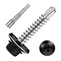 #10 x 1-1/2" Zinc Plated Steel Self Drilling Roofing Screws, Hex Head Self Tapping Screws with EPDM Washer, Black Head, 100 PCS