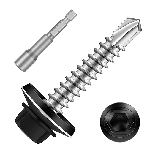 #10 x 1-1/2" Zinc Plated Steel Self Drilling Roofing Screws, Hex Head Self Tapping Screws with EPDM Washer, Black Head, 100 PCS