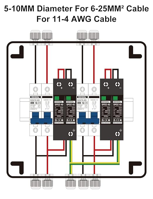 DIHOOL DC Disconnect Switch Box with PV Surge Protector, Solar Circuit Breaker, 40 Amp DC1000V 2 String 2 in 2 Out