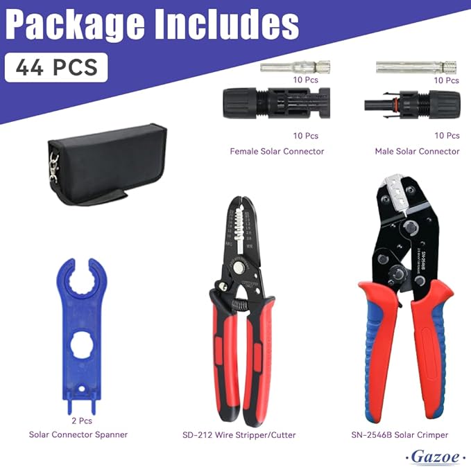 Solar PV Panel Crimping Tool Kit with Crimper Stripper and 10 Pairs Solar Connectors and 1Pair Solar Connector Spanner Wrench, Solar Crimper Tool works for AWG14-10,2.5/4/6mm²