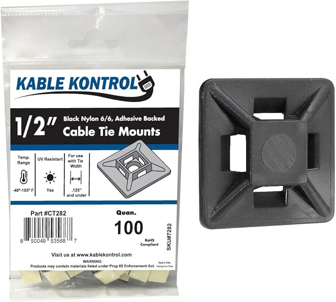 Kable Kontrol Zip Tie Mounts, 1/2” Sq, Black, 100 Pcs, Adhesive Backed Multi-Purpose UV-Resistant Mounting Squares Nylon Cable Tie Wrap Anchor Pads for Cable Management
