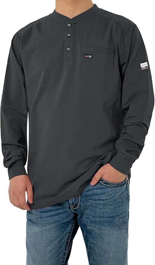 FR Shirts for Men 6oz Lightweight Stretch Work Shirt Flame Resistant Long Sleeve Henley Shirt CAT2
