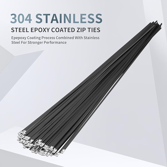 Metal Zip Ties Black 26 inch 290LB 50pcs Heavy Duty 304 Stainless Steel Epoxy Coated Locking Cable Exhaust Wrap Multi Purpose Binding for Machinery, Vehicles, Farms, Cables, Pipes,Fence