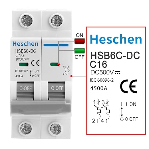 Heschen 2PCS DC Miniature Circuit Breaker, HSB6C-DC, 2 Poles, DC500V 16A, Photovoltaic Circuit Breaker, for Solar PV System Solar Panels Grid System, 35mm DIN Rail Mounting (16A)