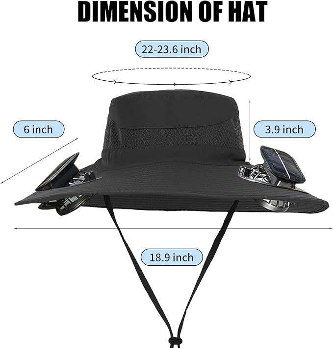 Wide Brim Outdoor Solar Fan Hat, UPF 50+ Fishing Hat for Man with 2 Solar Fan, 3 Modes 180°Rotating Fan Hats