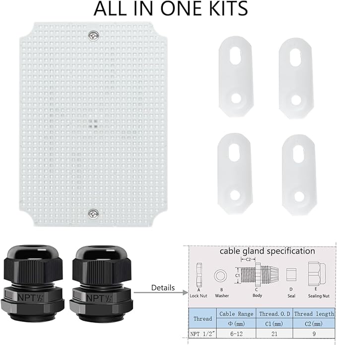 Junction Box, Hinged Clear Cover IP67 Waterproof ABS Project Box with 2 NPT 1/2" Cable Gland, Electrical Box Enclosure with Mounting Plate & Wall Bracket 8.7 x 6.7 x 4.3inch(220x170x110mm)