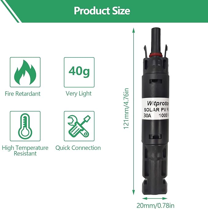 30A Solar in-line Fuse Holder, IP68 1000V for Solar Panel and Inverter in Photovoltaic System, Male and Female Connector with 1 Fuse