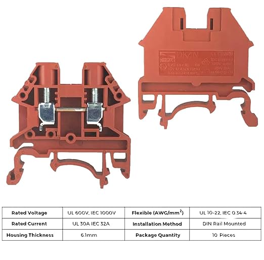 UL Red/Grey 10 Gang DIN Rail Terminal Blocks, with (8) 2P Jumpers,Dinkle DK4N 10-22 AWG, 30 Amp, 600 Volt
