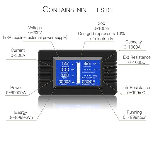 DC 0-200V 0-300A Battery Monitor Meter with Shunt, 9-in-1 Digital LCD Multimeter for 12V/24V/48V Solar System, RV, Car. Measures Voltage, Current, Power, Energy, Impedance & Capacity