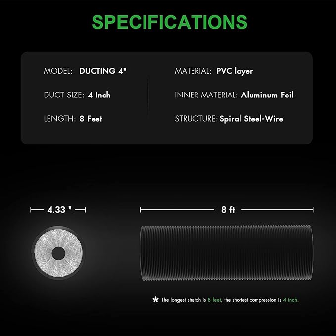 iPower 4" Smart Inline Duct Fan with Humidity Temperature Control via Bluetooth and WiFi App, Hook Designed Air Carbon Filter with 8 Ft Al Dryer Ducting, HVAC for Grow Tent Ventilation