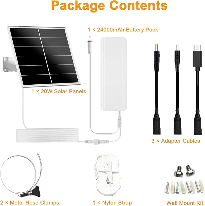 Zivif 20W Solar Panel Kit with 24000mAh Battery, 5V/12V Adjustable Output, DC & USB-C Power, Compatible with 12V Cellular Security Cameras & Trail Cameras