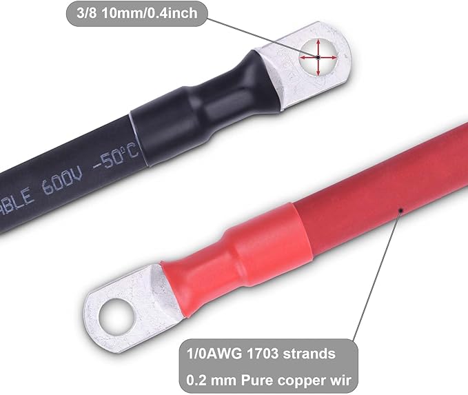 1/0 AWG Flexible Battery Cable with 3/8" Terminals - OFC Pure Copper Inverter & Welding Wire for Automotive Solar RV Motorcycle (Red + Black 1.5FT Pair)