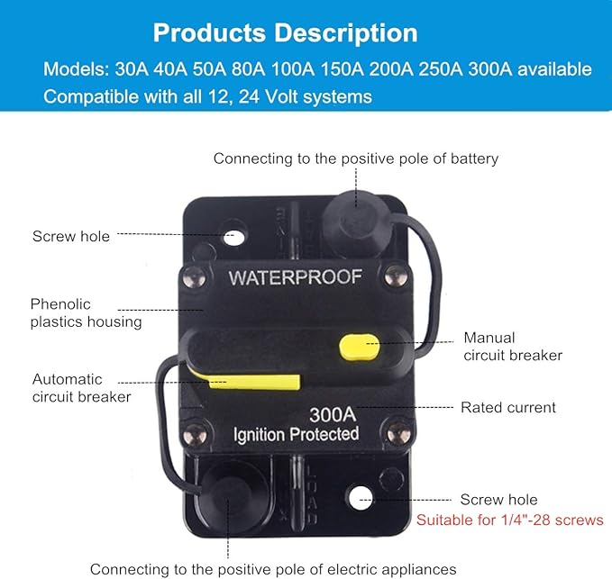 250 Amp Circuit Breaker DC 12V -48V Waterproof 30A-300A Manual Reset Fuse Inverter for Trolling Motor Auto Car RV Marine Boat Current Overload Protection (250A)