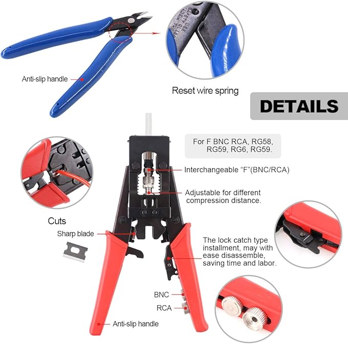 Hilitchi Coax Cable Crimper with Instruction Manual Multifunctional Compression Connector Adjustable Coaxial Crimping Stripping Tool and Micro Cutter with 10Pcs F Compression Connectors Black RG6